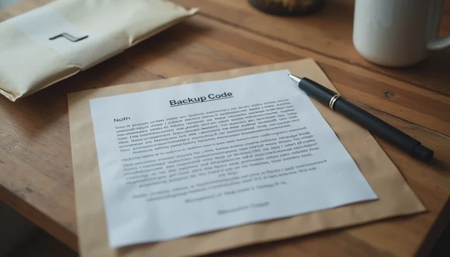 Offline backup codes for two-factor recovery Printed backup codes sheet and sealed envelope stored for family two-factor authentication recovery