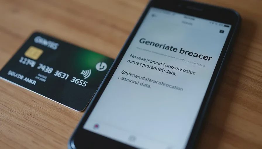 Smartphone displaying a generic data-breach notification beside a credit card on a wooden surface
