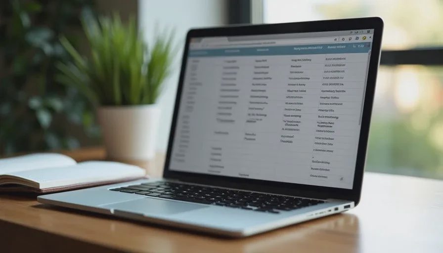 Close view of a simple subscription audit spreadsheet open on a laptop beside a notebook on a wooden table