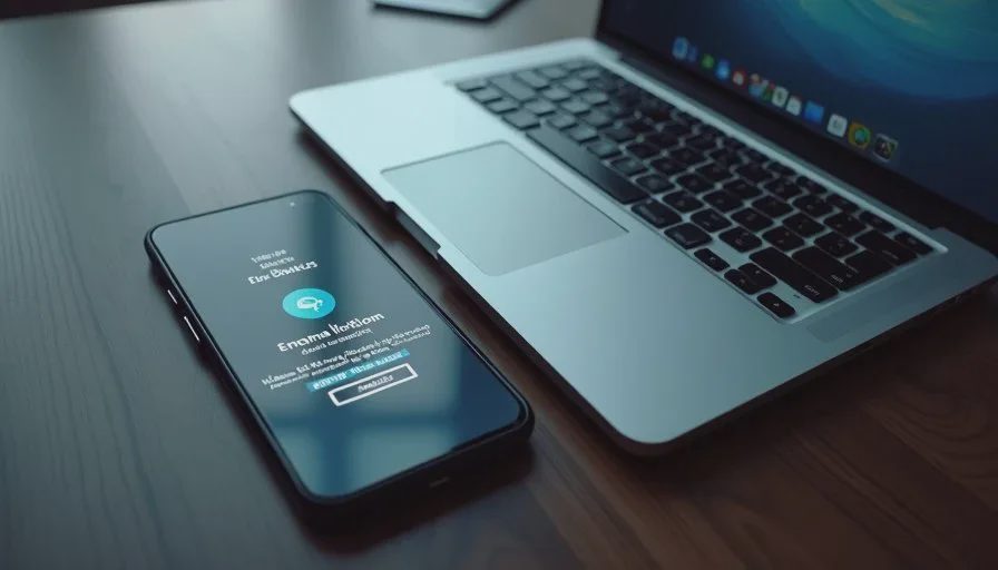 Registering a passkey across phone and laptop Close view of a phone and laptop both showing passkey authentication prompts during household setup