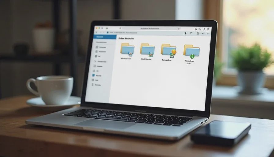 Restoring the working set of family files to the new laptop New laptop open to a file folder restore screen beside an external drive on a family desk