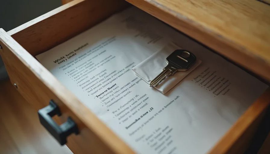 Offline recovery codes stored safely for passkey accounts Printed passkey backup codes in an open drawer with a sealed envelope and house key for offline recovery
