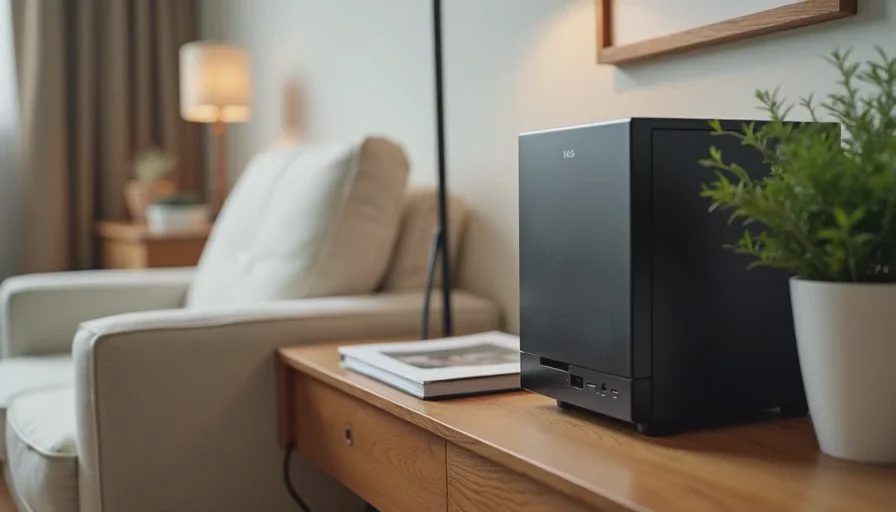 Local backup copy kept inside the house Synology-style NAS sitting on a low shelf in a calm American living room corner used for family backups
