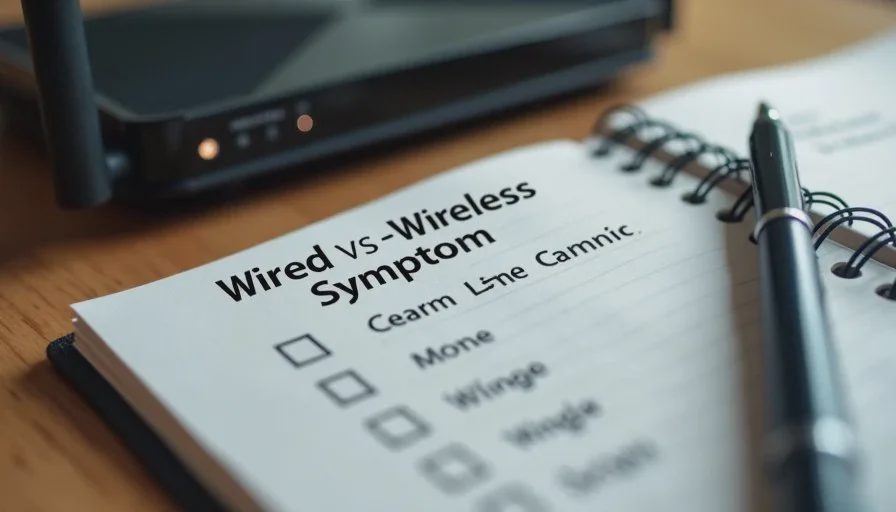Notebook with a simple wired-versus-wireless symptom checklist beside a home router