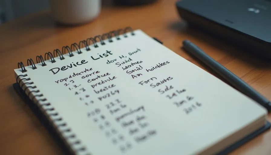 Tracking symptoms and devices during Wi-Fi troubleshooting Notebook with handwritten device list beside a router used for family Wi-Fi troubleshooting notes