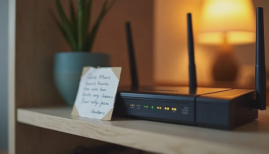 Guest network note kept beside the router for Chromebook use Home router with a handwritten guest-network note card taped nearby for school Chromebook access
