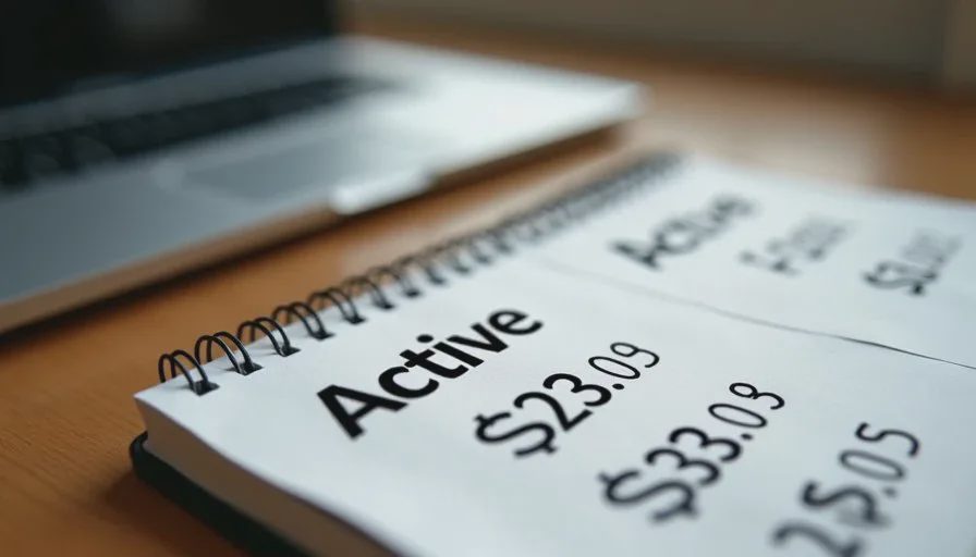 Notebook listing active and paused streaming services with monthly costs beside a laptop