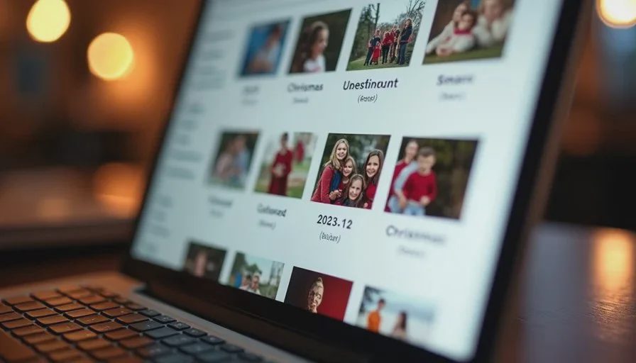 Simple year and event folders that future family members can navigate Laptop screen displaying a clean year-and-event folder structure for a family photo archive