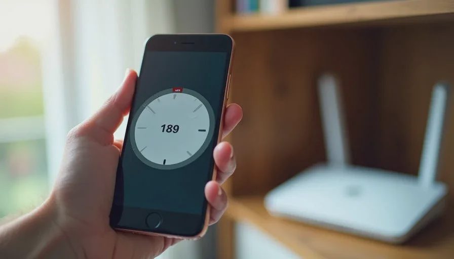 Person holding a phone running a speed test in a far room of the house while the router sits in the background