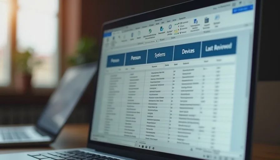 Close view of a shared digital access inventory spreadsheet open on a laptop for a small team