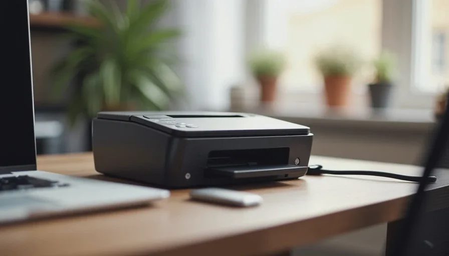 Printer with USB fallback path for mixed-device homes Home printer with both Wi-Fi and a visible USB cable ready as fallback in a family workspace