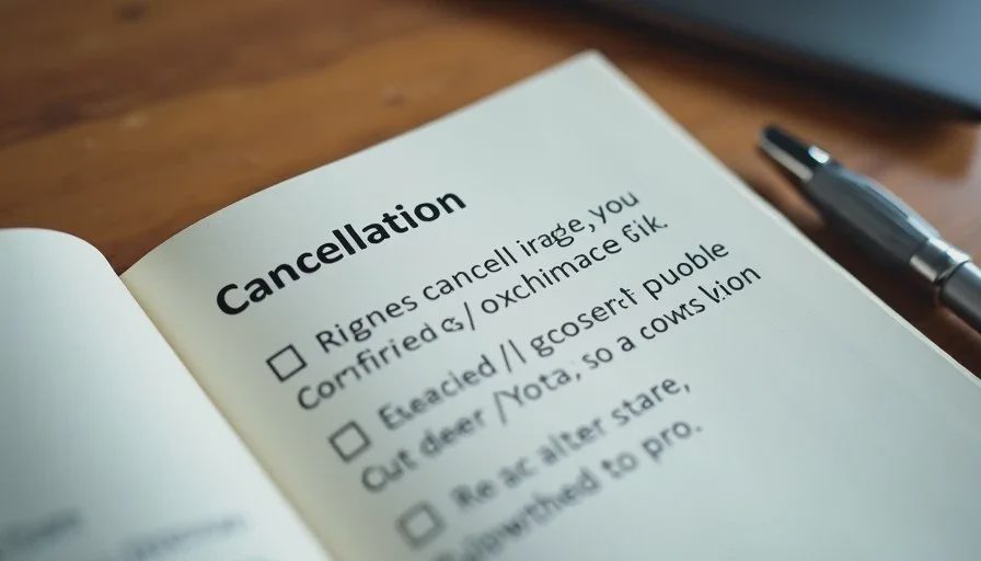 Notebook with a handwritten cancellation checklist and confirmation notes on a wooden table