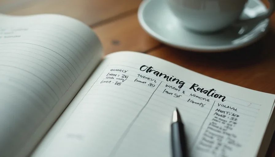 Close view of a handwritten quarterly streaming rotation schedule in a family notebook