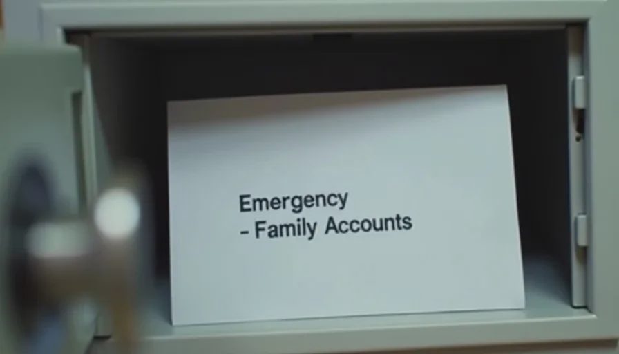Printed emergency list sealed and stored for trusted access Sealed envelope labeled for emergency access stored inside a small home document safe