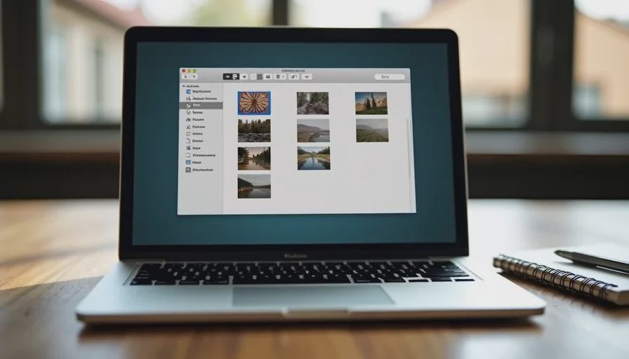 Time-boxed photo cleanup session to reduce duplicates Laptop open to a photo library cleanup session beside a notebook on a family desk