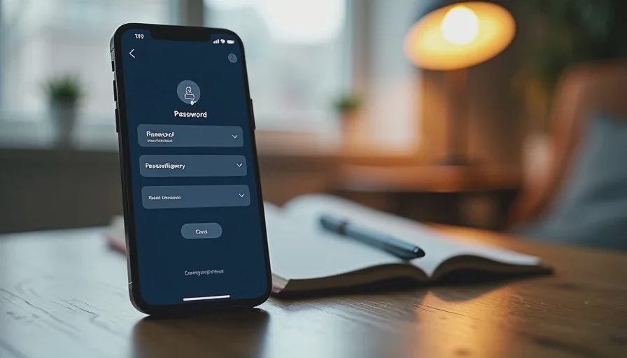 Smartphone showing a clean password manager vault interface beside a notebook on a family desk