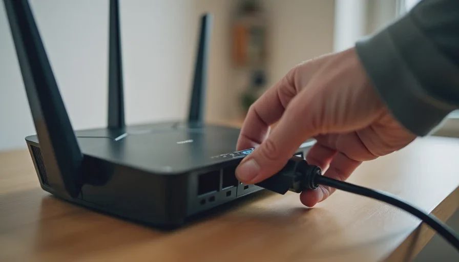 The basic router power-cycle step Hand reaching to unplug a home router power cord during a simple restart for Wi-Fi troubleshooting