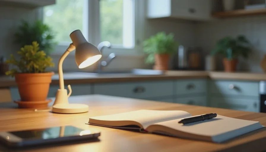 A quiet kitchen corner for digital organization for families American kitchen table with notebook, phone, and small lamp used for family digital organization tasks in calm natural light