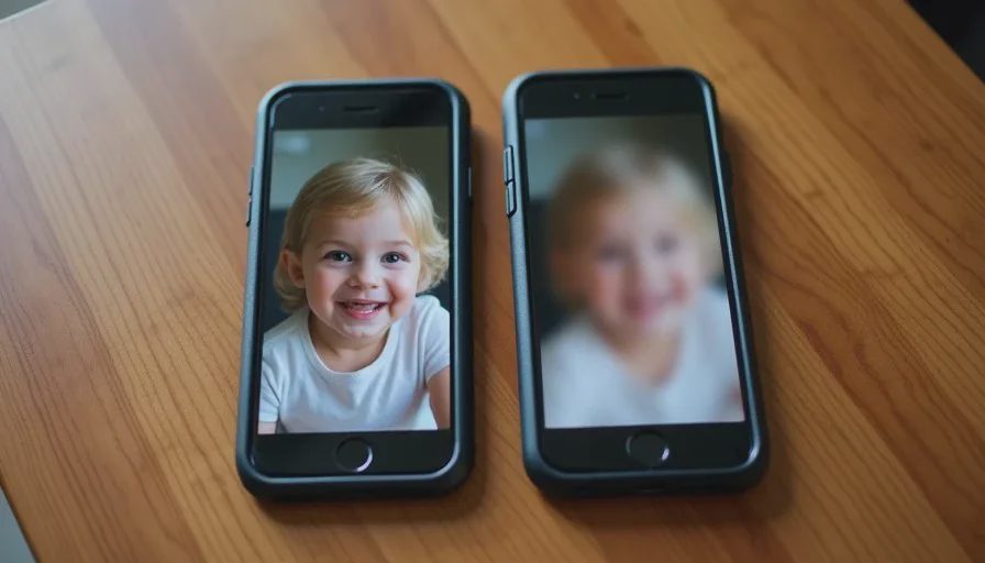 Duplicate memories appearing across two photo libraries Close view of two phones displaying similar family event photos side by side illustrating duplicate memories