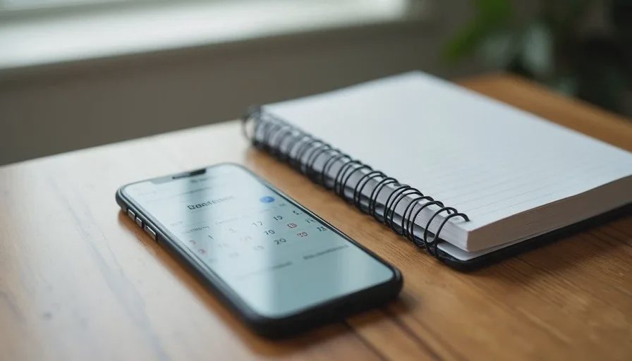 Smartphone calendar showing a reminder for an upcoming annual subscription renewal beside a notebook