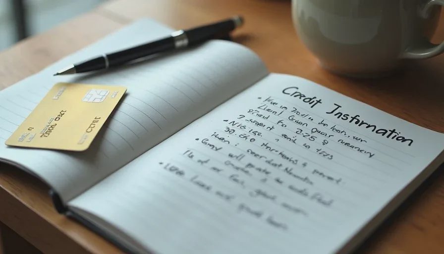 Notebook with handwritten replacement-card notes and confirmation details beside a frozen credit card